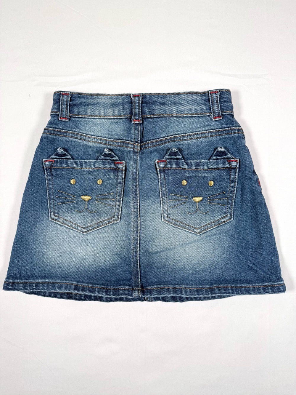MINI BODEN Girls Denim Cat Pocket Skirt 7-8Y Kitty Cottagecore Whimsical Preppy